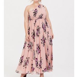 Torrid Pink Floral One Shoulder Chiffon Gown